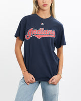 Vintage, MLB, Cleveland, Indians, Tee, The Real Deal, size extra small, colour Navy, newtown, sydney, australia, thrift store, opshop, preloved, secondhand, sustainable, retro, antique, 70s, 80s, 90s, 2000s, 00s, fashion, clothing, streetwear, trendy, garment, style, boutique, store, shop, archive, sale, cheap, best, top, T-Shirts
