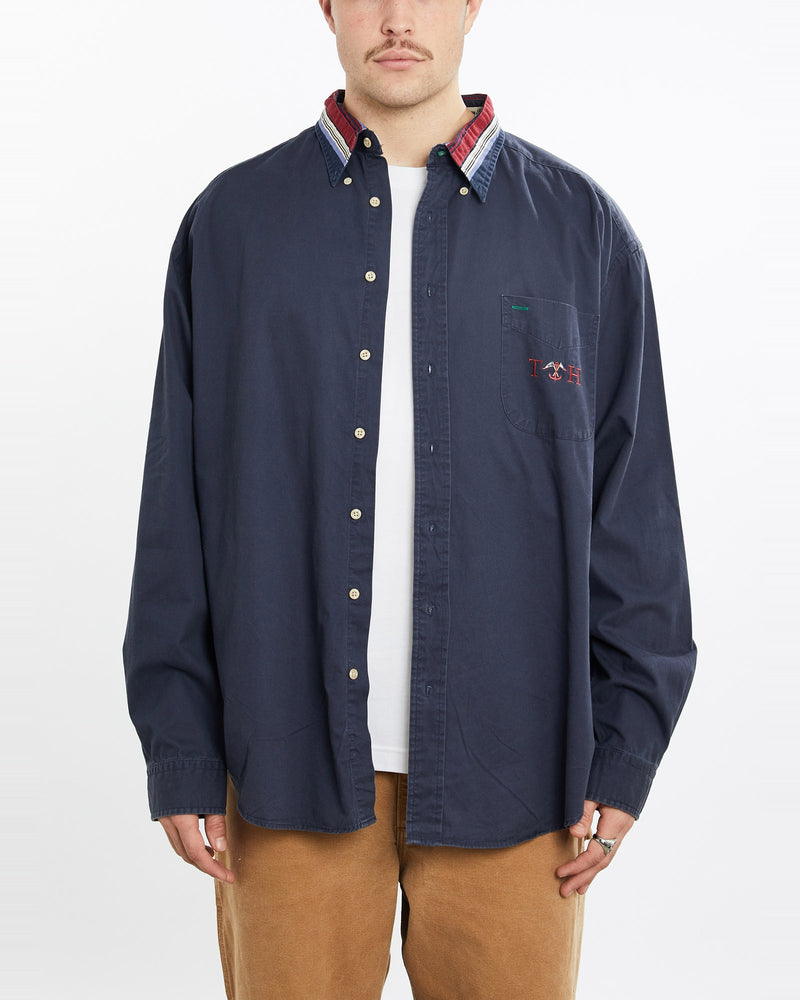 Vintage, 90s, Tommy, Hilfiger, Button, Up, Shirt, The Real Deal, size extra large, colour Navy, newtown, sydney, australia, thrift store, opshop, preloved, secondhand, sustainable, retro, antique, 70s, 80s, 90s, 2000s, 00s, fashion, clothing, streetwear, trendy, garment, style, boutique, store, shop, archive, sale, cheap, best, top, Shirts
