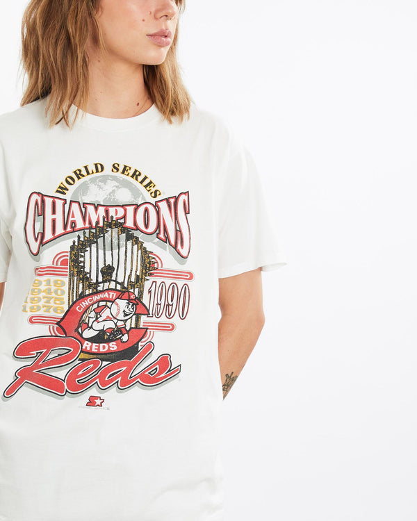 Vintage, 1990, MLB, Cincinnati, Reds, Tee, The Real Deal, size medium, colour White, newtown, sydney, australia, thrift store, opshop, preloved, secondhand, sustainable, retro, antique, 70s, 80s, 90s, 2000s, 00s, fashion, clothing, streetwear, trendy, garment, style, boutique, store, shop, archive, sale, cheap, best, top, T-Shirts