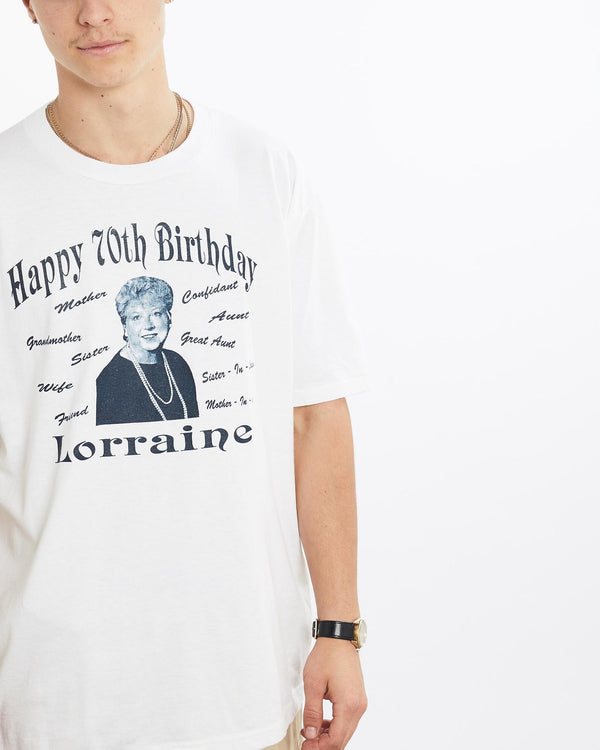 Vintage, 90s, Happy, 70th, Birthday, Lorraine', Tee, The Real Deal, size large, colour White, newtown, sydney, australia, thrift store, opshop, preloved, secondhand, sustainable, retro, antique, 70s, 80s, 90s, 2000s, 00s, fashion, clothing, streetwear, trendy, garment, style, boutique, store, shop, archive, sale, cheap, best, top, T-Shirts