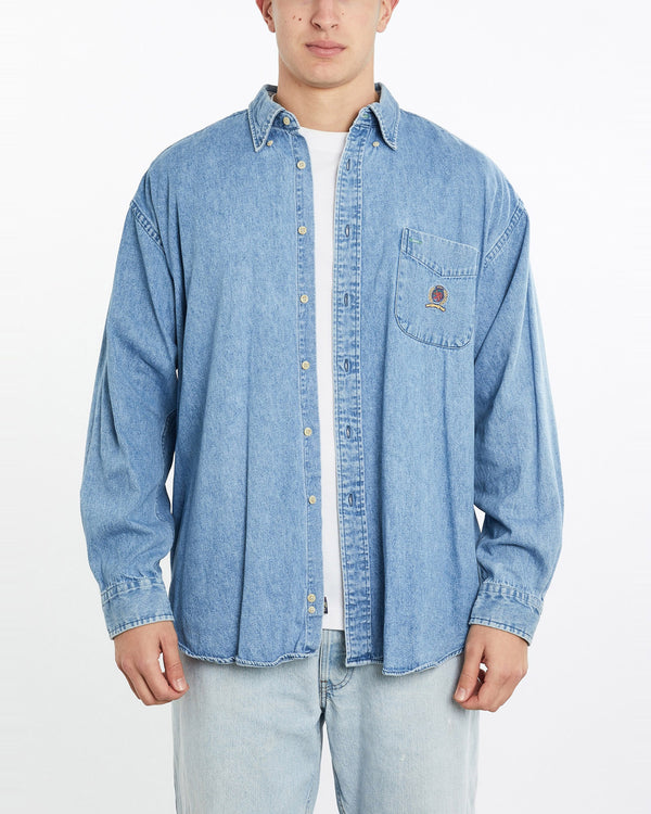 Vintage, 90s, Tommy, Hilfiger, Denim, Button, Up, Shirt, The Real Deal, size double extra large, colour Blue, newtown, sydney, australia, thrift store, opshop, preloved, secondhand, sustainable, retro, antique, 70s, 80s, 90s, 2000s, 00s, fashion, clothing, streetwear, trendy, garment, style, boutique, store, shop, archive, sale, cheap, best, top, Shirts