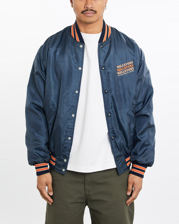 Vintage, 90s, Millstone, Coffee, Varsity, Jacket, The Real Deal, size large, colour Navy, newtown, sydney, australia, thrift store, opshop, preloved, secondhand, sustainable, retro, antique, 70s, 80s, 90s, 2000s, 00s, fashion, clothing, streetwear, trendy, garment, style, boutique, store, shop, archive, sale, cheap, best, top, Jackets