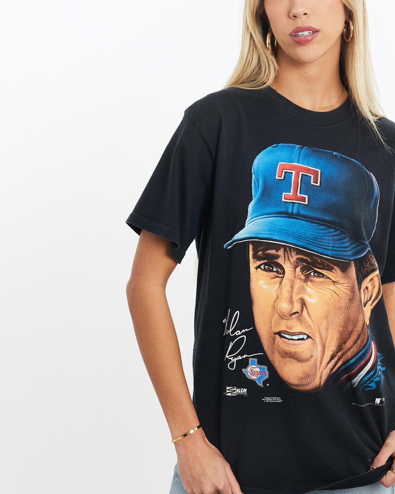 Vintage, 1991, MLB, Texas, Rangers, Nolan, Ryan', Tee, The Real Deal, size extra small, colour Black, newtown, sydney, australia, thrift store, opshop, preloved, secondhand, sustainable, retro, antique, 70s, 80s, 90s, 2000s, 00s, fashion, clothing, streetwear, trendy, garment, style, boutique, store, shop, archive, sale, cheap, best, top, T-Shirts