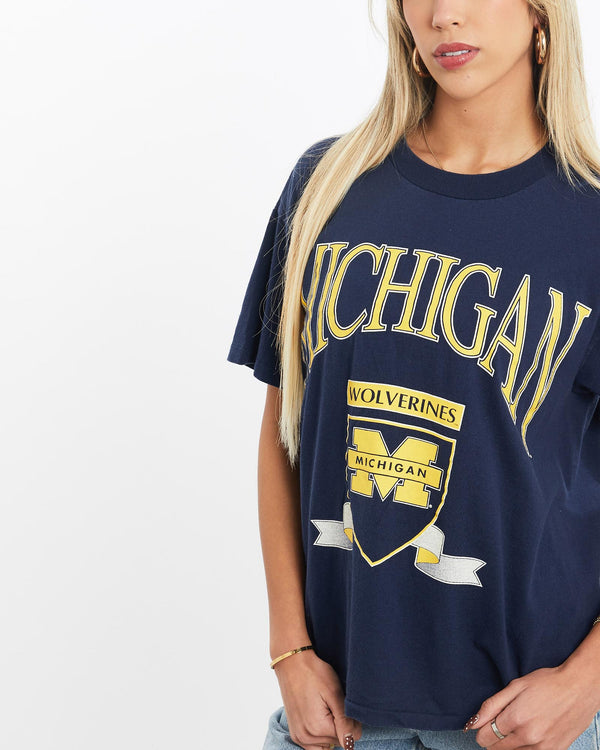 Vintage, 90s, NCAA, University, of, Michigan, Wolverines, Tee, The Real Deal, size extra small, colour Navy, newtown, sydney, australia, thrift store, opshop, preloved, secondhand, sustainable, retro, antique, 70s, 80s, 90s, 2000s, 00s, fashion, clothing, streetwear, trendy, garment, style, boutique, store, shop, archive, sale, cheap, best, top, T-Shirts