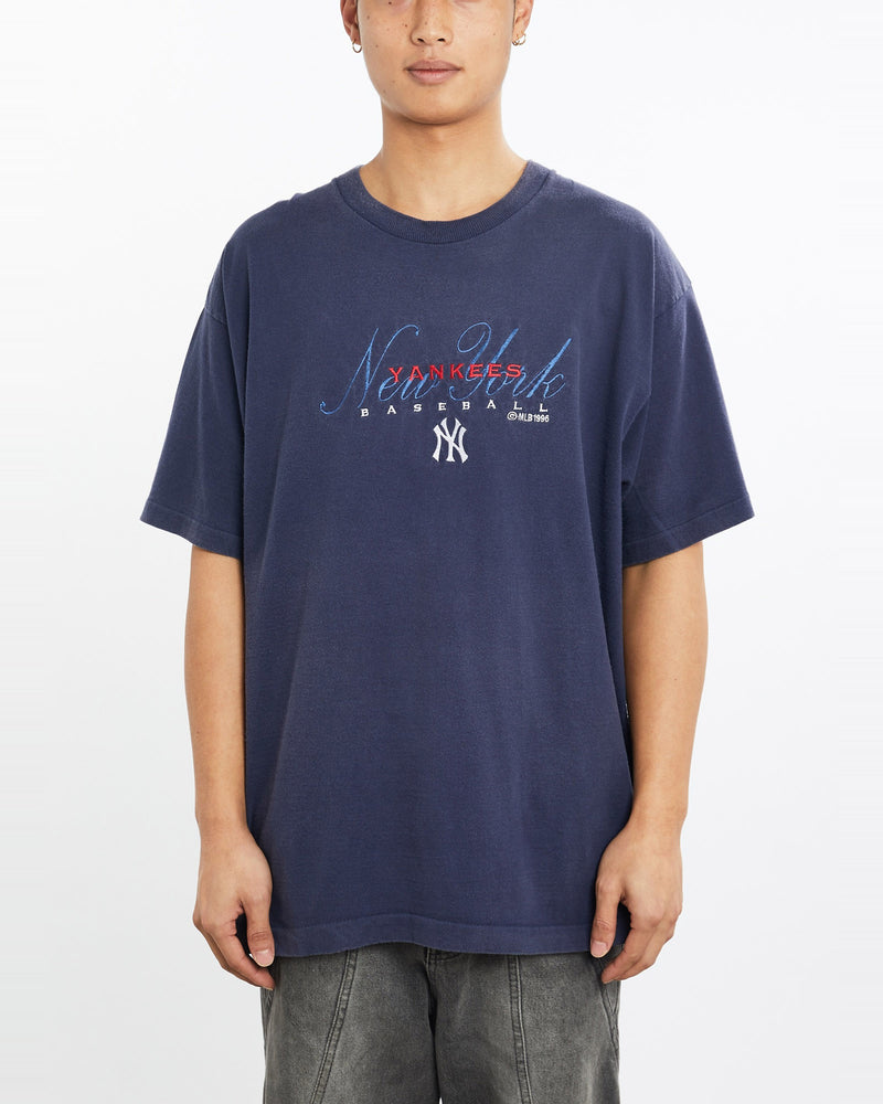 Vintage, 1996, MLB, New, York, Yankees, Tee, The Real Deal, size large, colour Navy, newtown, sydney, australia, thrift store, opshop, preloved, secondhand, sustainable, retro, antique, 70s, 80s, 90s, 2000s, 00s, fashion, clothing, streetwear, trendy, garment, style, boutique, store, shop, archive, sale, cheap, best, top, T-Shirts