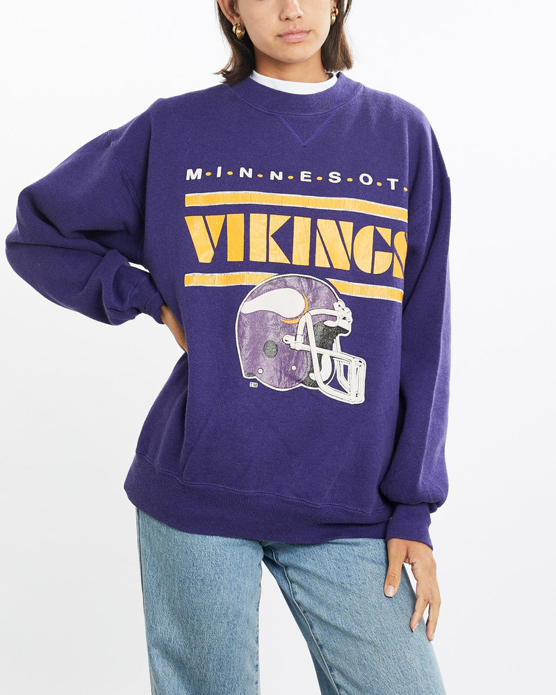 Vintage, 90s, NFL, Minnesota, Vikings, Sweatshirt, The Real Deal, size small, colour Purple, newtown, sydney, australia, thrift store, opshop, preloved, secondhand, sustainable, retro, antique, 70s, 80s, 90s, 2000s, 00s, fashion, clothing, streetwear, trendy, garment, style, boutique, store, shop, archive, sale, cheap, best, top, Sweats and hoodies