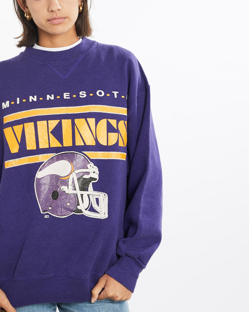 Vintage, 90s, NFL, Minnesota, Vikings, Sweatshirt, The Real Deal, size small, colour Purple, newtown, sydney, australia, thrift store, opshop, preloved, secondhand, sustainable, retro, antique, 70s, 80s, 90s, 2000s, 00s, fashion, clothing, streetwear, trendy, garment, style, boutique, store, shop, archive, sale, cheap, best, top, Sweats and hoodies