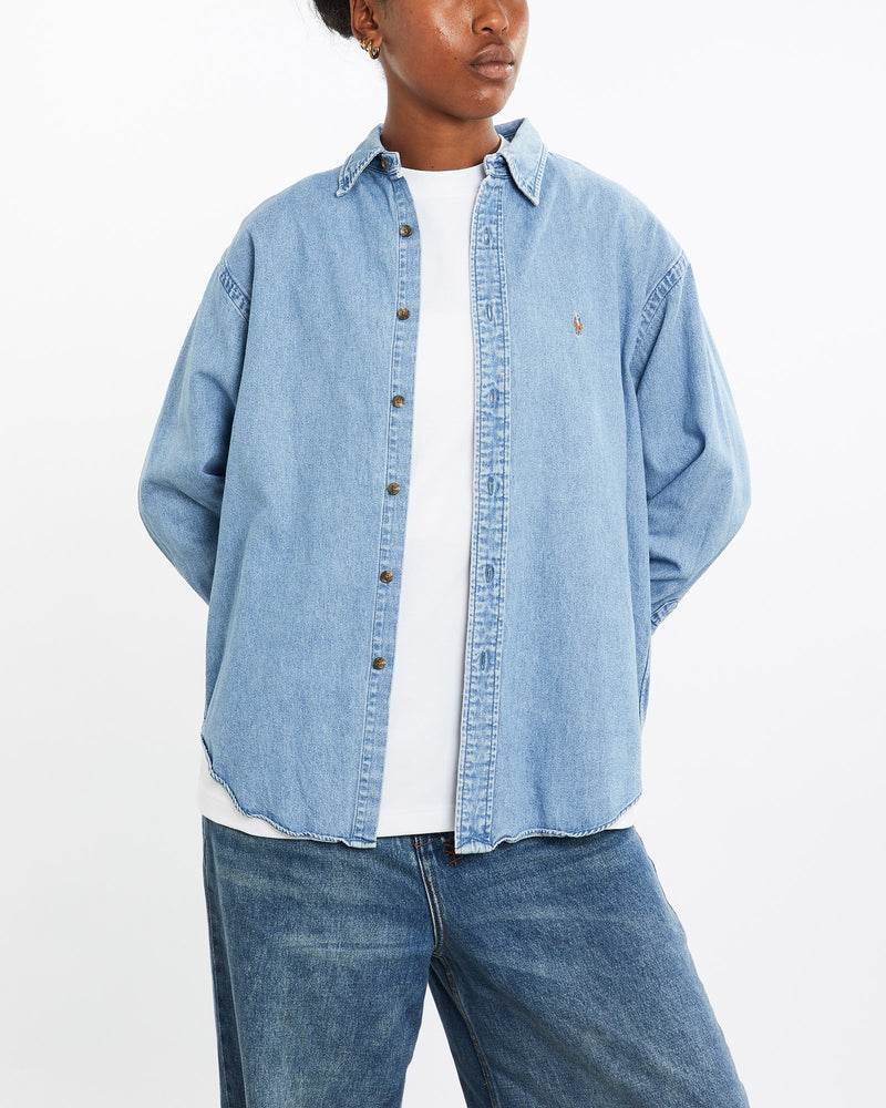 Vintage, 90s, Ralph, Lauren, Polo, Sport, Denim, Button, Up, Shirt, The Real Deal, size medium, colour Blue, newtown, sydney, australia, thrift store, opshop, preloved, secondhand, sustainable, retro, antique, 70s, 80s, 90s, 2000s, 00s, fashion, clothing, streetwear, trendy, garment, style, boutique, store, shop, archive, sale, cheap, best, top, Shirts