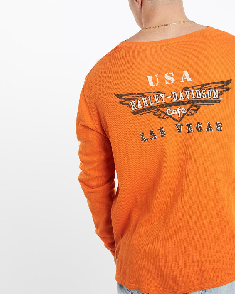 Vintage, Harley, Davidson, Long, Sleeve, Thermal, Tee, The Real Deal, size double extra large, colour Orange, newtown, sydney, australia, thrift store, opshop, preloved, secondhand, sustainable, retro, antique, 70s, 80s, 90s, 2000s, 00s, fashion, clothing, streetwear, trendy, garment, style, boutique, store, shop, archive, sale, cheap, best, top, T-Shirts
