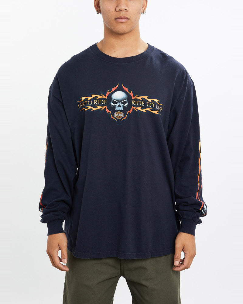 Vintage, Harley, Davidson, Long, Sleeve, Tee, The Real Deal, size large, colour Navy, newtown, sydney, australia, thrift store, opshop, preloved, secondhand, sustainable, retro, antique, 70s, 80s, 90s, 2000s, 00s, fashion, clothing, streetwear, trendy, garment, style, boutique, store, shop, archive, sale, cheap, best, top, T-Shirts