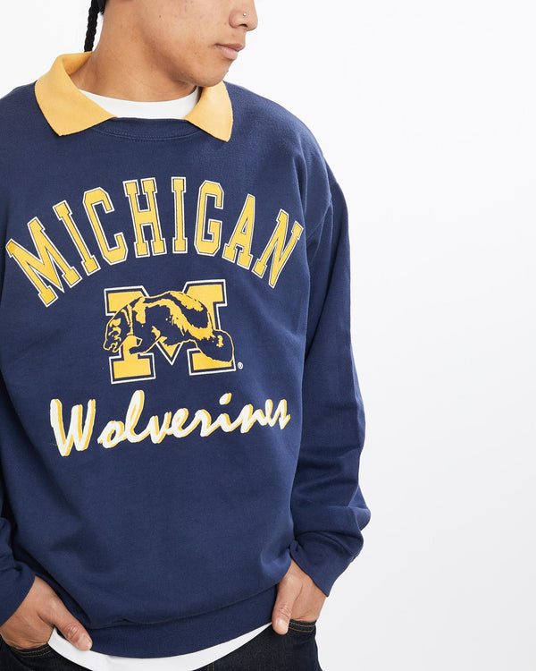 Vintage, 80s, NCAA, University, of, Michigan, Wolverines, Collared, Sweatshirt, The Real Deal, size large, colour Navy, newtown, sydney, australia, thrift store, opshop, preloved, secondhand, sustainable, retro, antique, 70s, 80s, 90s, 2000s, 00s, fashion, clothing, streetwear, trendy, garment, style, boutique, store, shop, archive, sale, cheap, best, top, Sweats and hoodies