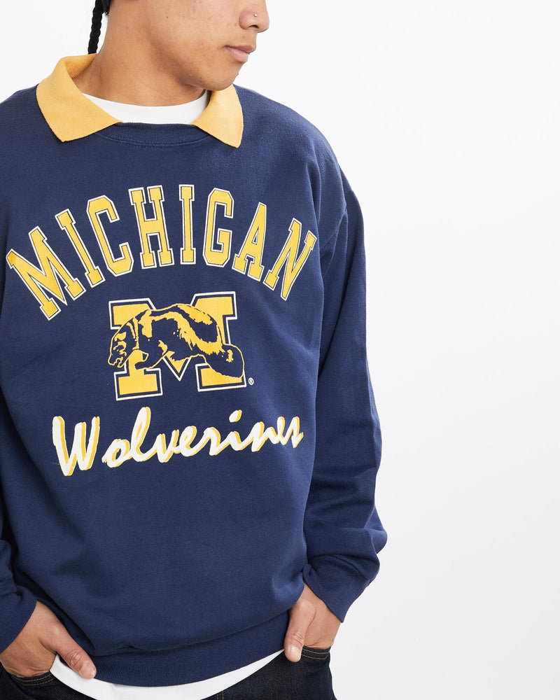 Vintage, 80s, NCAA, University, of, Michigan, Wolverines, Collared, Sweatshirt, The Real Deal, size large, colour Navy, newtown, sydney, australia, thrift store, opshop, preloved, secondhand, sustainable, retro, antique, 70s, 80s, 90s, 2000s, 00s, fashion, clothing, streetwear, trendy, garment, style, boutique, store, shop, archive, sale, cheap, best, top, Sweats and hoodies