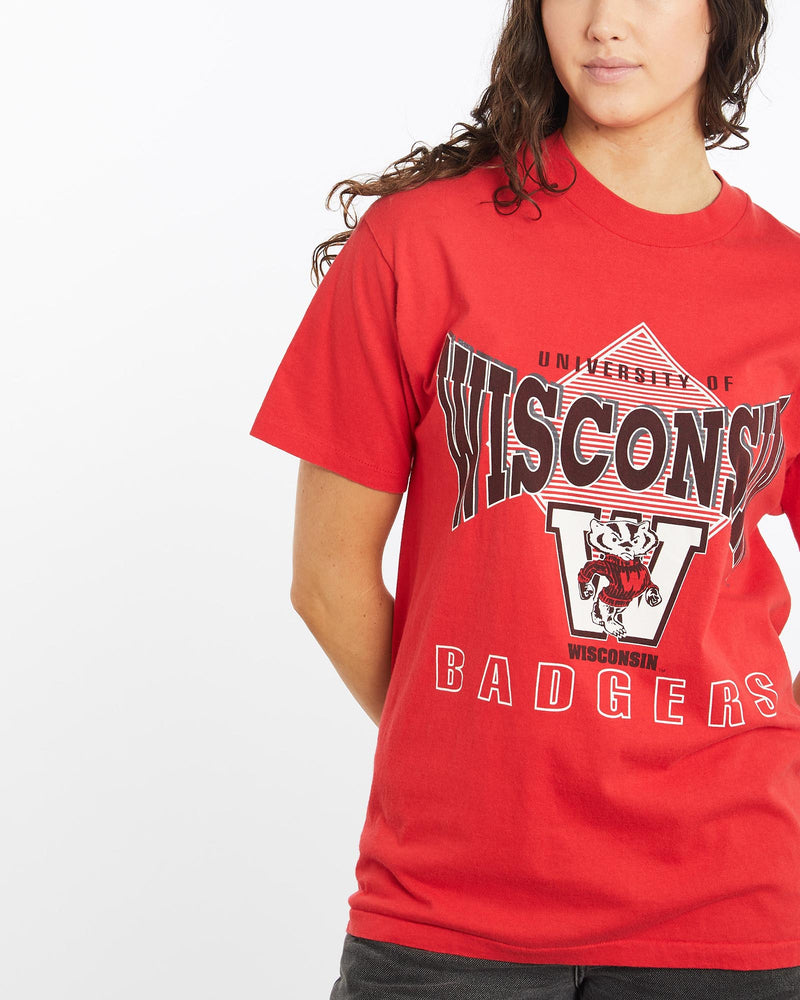 Vintage, 90s, NCAA, Wisconsin, Badgers, Tee, The Real Deal, size medium, colour Red, newtown, sydney, australia, thrift store, opshop, preloved, secondhand, sustainable, retro, antique, 70s, 80s, 90s, 2000s, 00s, fashion, clothing, streetwear, trendy, garment, style, boutique, store, shop, archive, sale, cheap, best, top, T-Shirts
