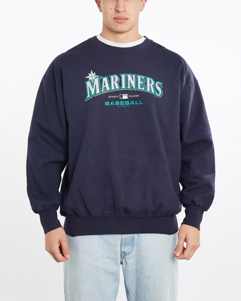 Vintage, MLB, Seattle, Mariners, Sweatshirt, The Real Deal, size double extra large, colour Navy, newtown, sydney, australia, thrift store, opshop, preloved, secondhand, sustainable, retro, antique, 70s, 80s, 90s, 2000s, 00s, fashion, clothing, streetwear, trendy, garment, style, boutique, store, shop, archive, sale, cheap, best, top, Sweats and hoodies