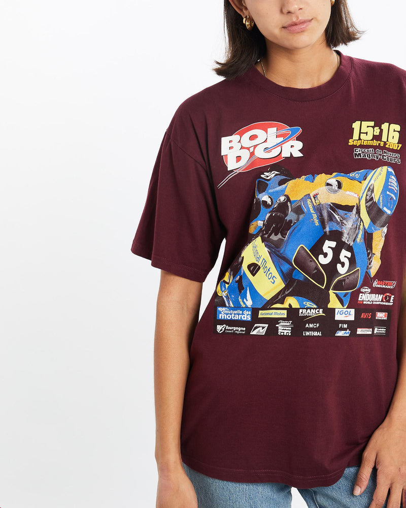 Vintage, MotoGP, Racing, Tee, The Real Deal, size small, colour Burgundy, newtown, sydney, australia, thrift store, opshop, preloved, secondhand, sustainable, retro, antique, 70s, 80s, 90s, 2000s, 00s, fashion, clothing, streetwear, trendy, garment, style, boutique, store, shop, archive, sale, cheap, best, top, T-Shirts