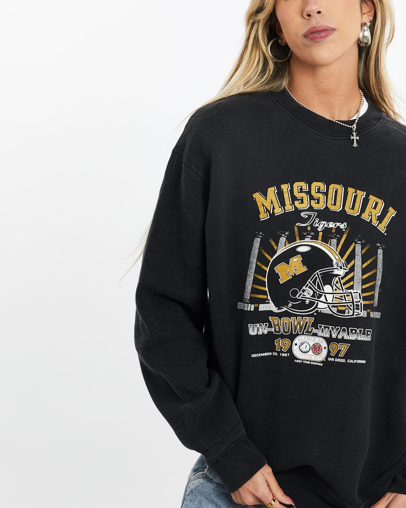 Vintage, 1997, NCAA, Missouri, Tigers, Sweatshirt, The Real Deal, size small, colour Black, newtown, sydney, australia, thrift store, opshop, preloved, secondhand, sustainable, retro, antique, 70s, 80s, 90s, 2000s, 00s, fashion, clothing, streetwear, trendy, garment, style, boutique, store, shop, archive, sale, cheap, best, top, Sweats and hoodies