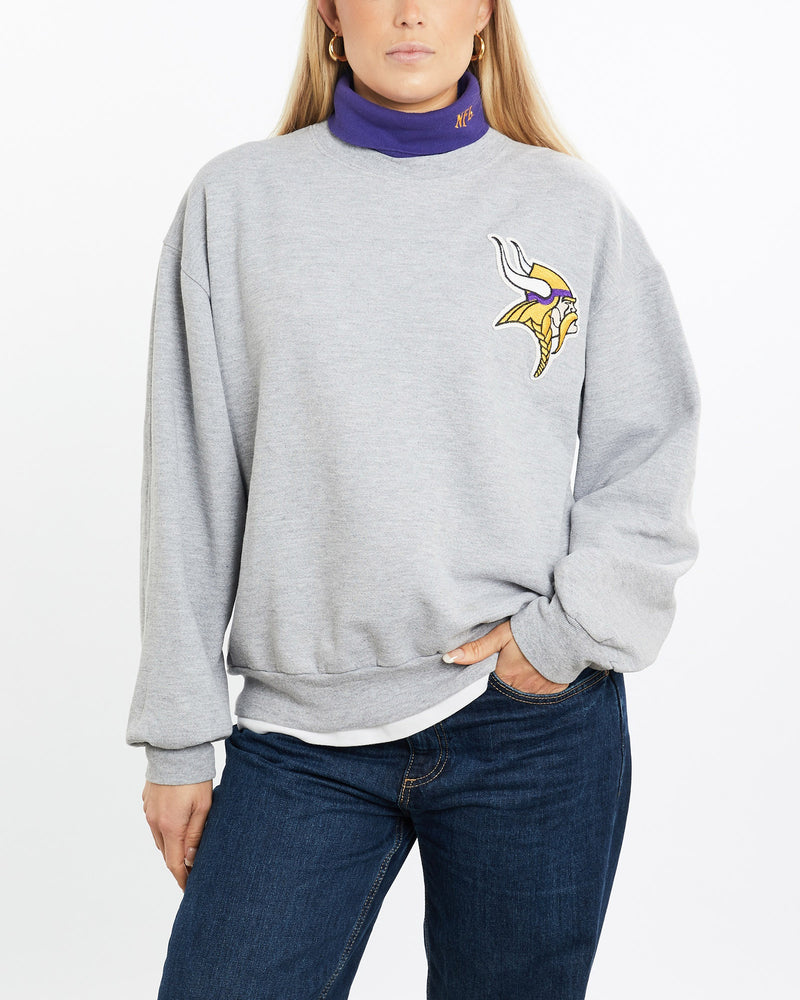 Vintage, 90s, NFL, Minnesota, Vikings, Turtleneck, Sweatshirt, The Real Deal, size medium, colour Grey, newtown, sydney, australia, thrift store, opshop, preloved, secondhand, sustainable, retro, antique, 70s, 80s, 90s, 2000s, 00s, fashion, clothing, streetwear, trendy, garment, style, boutique, store, shop, archive, sale, cheap, best, top, Sweats and hoodies