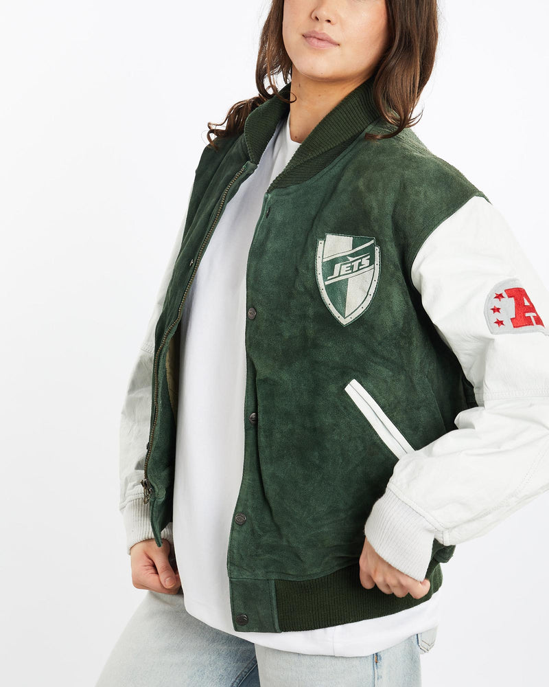Vintage, 90s, NFL, New, York, Jets, Varsity, Jacket, The Real Deal, size medium, colour Green, newtown, sydney, australia, thrift store, opshop, preloved, secondhand, sustainable, retro, antique, 70s, 80s, 90s, 2000s, 00s, fashion, clothing, streetwear, trendy, garment, style, boutique, store, shop, archive, sale, cheap, best, top, Jackets