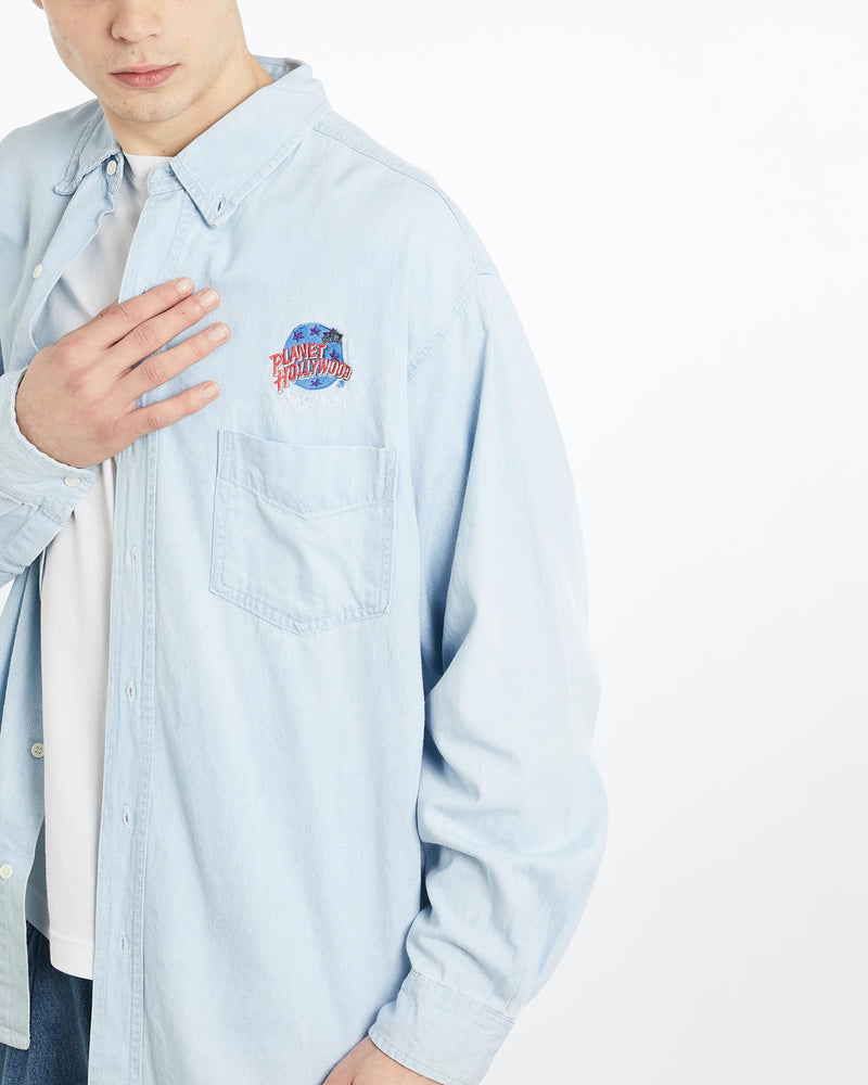 Vintage, 90s, Planet, Hollywood, Denim, Button, Up, Shirt, The Real Deal, size extra large, colour Blue, newtown, sydney, australia, thrift store, opshop, preloved, secondhand, sustainable, retro, antique, 70s, 80s, 90s, 2000s, 00s, fashion, clothing, streetwear, trendy, garment, style, boutique, store, shop, archive, sale, cheap, best, top, Shirts
