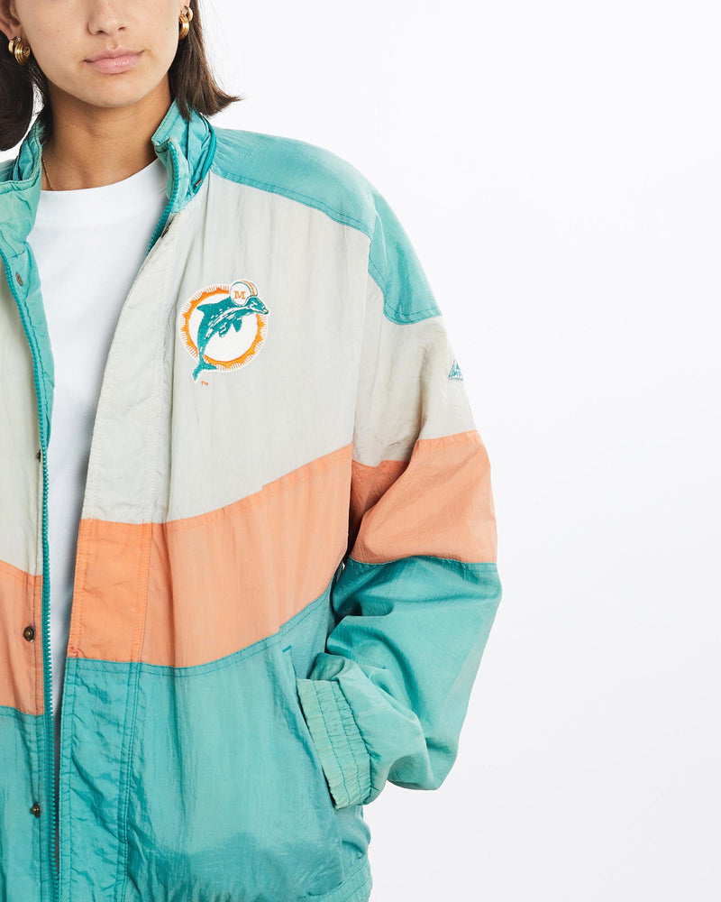 Vintage, 90s, Faded, NFL, Miami, Dolphins, Jacket, The Real Deal, size small, colour Multicolour, newtown, sydney, australia, thrift store, opshop, preloved, secondhand, sustainable, retro, antique, 70s, 80s, 90s, 2000s, 00s, fashion, clothing, streetwear, trendy, garment, style, boutique, store, shop, archive, sale, cheap, best, top, Jackets