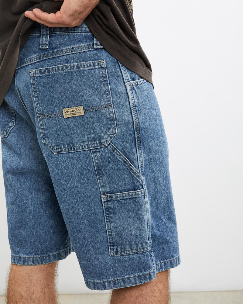Vintage, Wrangler, Denim, Carpenter, Shorts, The Real Deal, size 34", colour Blue, newtown, sydney, australia, thrift store, opshop, preloved, secondhand, sustainable, retro, antique, 70s, 80s, 90s, 2000s, 00s, fashion, clothing, streetwear, trendy, garment, style, boutique, store, shop, archive, sale, cheap, best, top, Shorts