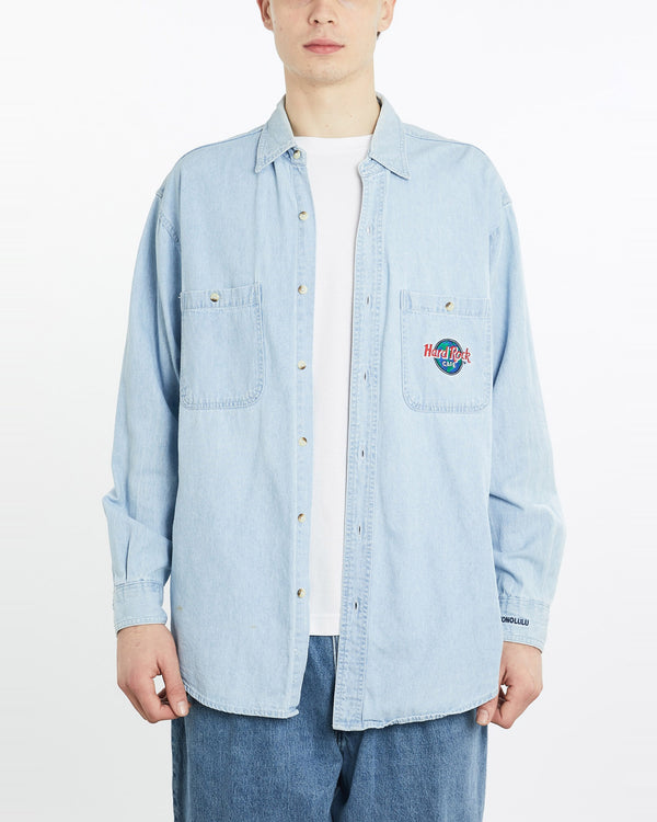 Vintage, 90s, Hard, Rock, Cafe, Denim, Button, Up, Shirt, The Real Deal, size extra large, colour Blue, newtown, sydney, australia, thrift store, opshop, preloved, secondhand, sustainable, retro, antique, 70s, 80s, 90s, 2000s, 00s, fashion, clothing, streetwear, trendy, garment, style, boutique, store, shop, archive, sale, cheap, best, top, Shirts