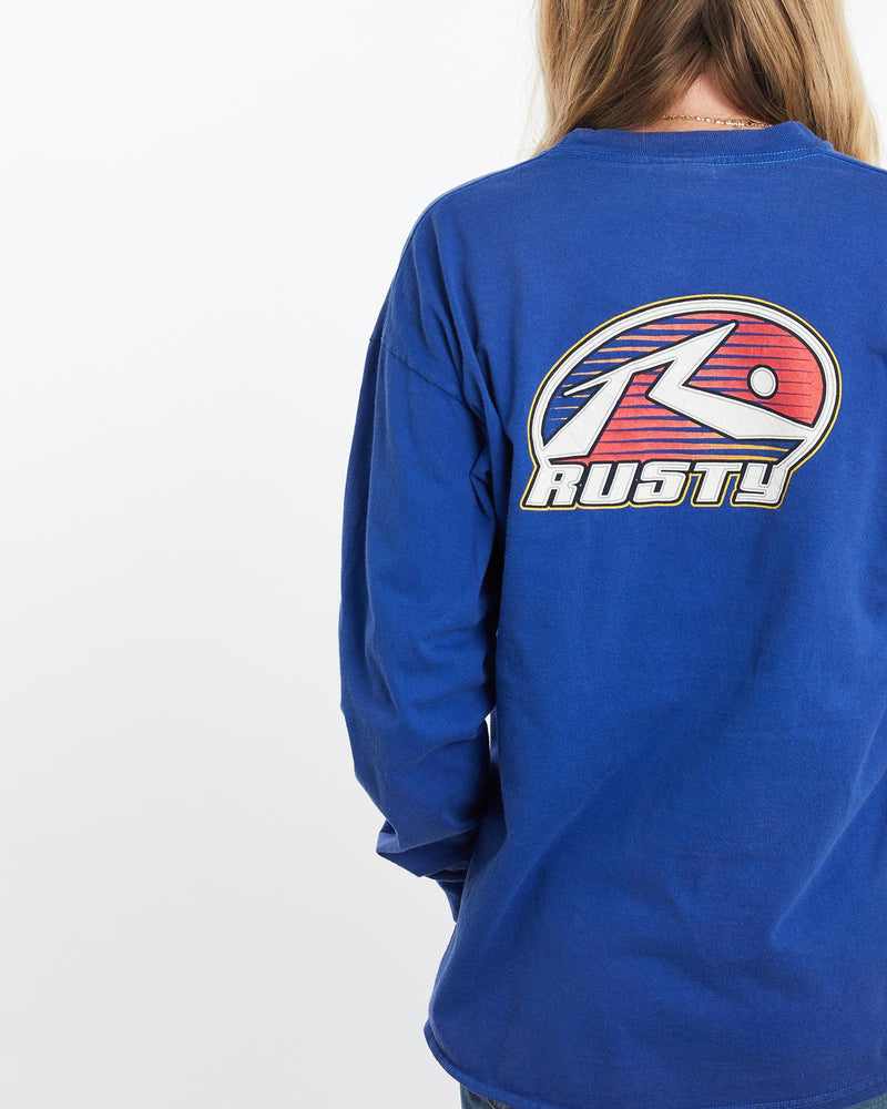Vintage, 90s, Rusty, Surf, Long, Sleeve, Tee, The Real Deal, size medium, colour Blue, newtown, sydney, australia, thrift store, opshop, preloved, secondhand, sustainable, retro, antique, 70s, 80s, 90s, 2000s, 00s, fashion, clothing, streetwear, trendy, garment, style, boutique, store, shop, archive, sale, cheap, best, top, T-Shirts