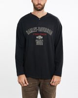 Vintage, Harley, Davidson, Long, Sleeve, Henley, Tee, The Real Deal, size extra large, colour Black, newtown, sydney, australia, thrift store, opshop, preloved, secondhand, sustainable, retro, antique, 70s, 80s, 90s, 2000s, 00s, fashion, clothing, streetwear, trendy, garment, style, boutique, store, shop, archive, sale, cheap, best, top, T-Shirts