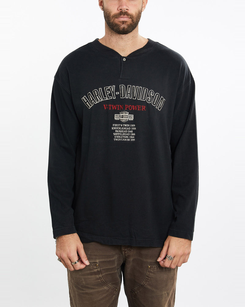 Vintage, Harley, Davidson, Long, Sleeve, Henley, Tee, The Real Deal, size extra large, colour Black, newtown, sydney, australia, thrift store, opshop, preloved, secondhand, sustainable, retro, antique, 70s, 80s, 90s, 2000s, 00s, fashion, clothing, streetwear, trendy, garment, style, boutique, store, shop, archive, sale, cheap, best, top, T-Shirts