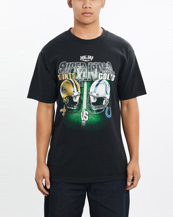 Vintage, NFL, Saints, vs, Colts, Super, Bowl, Tee, The Real Deal, size large, colour Black, newtown, sydney, australia, thrift store, opshop, preloved, secondhand, sustainable, retro, antique, 70s, 80s, 90s, 2000s, 00s, fashion, clothing, streetwear, trendy, garment, style, boutique, store, shop, archive, sale, cheap, best, top, T-Shirts