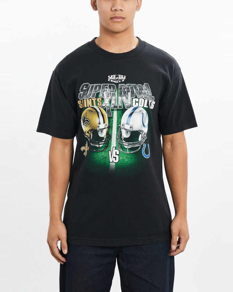 Vintage, NFL, Saints, vs, Colts, Super, Bowl, Tee, The Real Deal, size large, colour Black, newtown, sydney, australia, thrift store, opshop, preloved, secondhand, sustainable, retro, antique, 70s, 80s, 90s, 2000s, 00s, fashion, clothing, streetwear, trendy, garment, style, boutique, store, shop, archive, sale, cheap, best, top, T-Shirts
