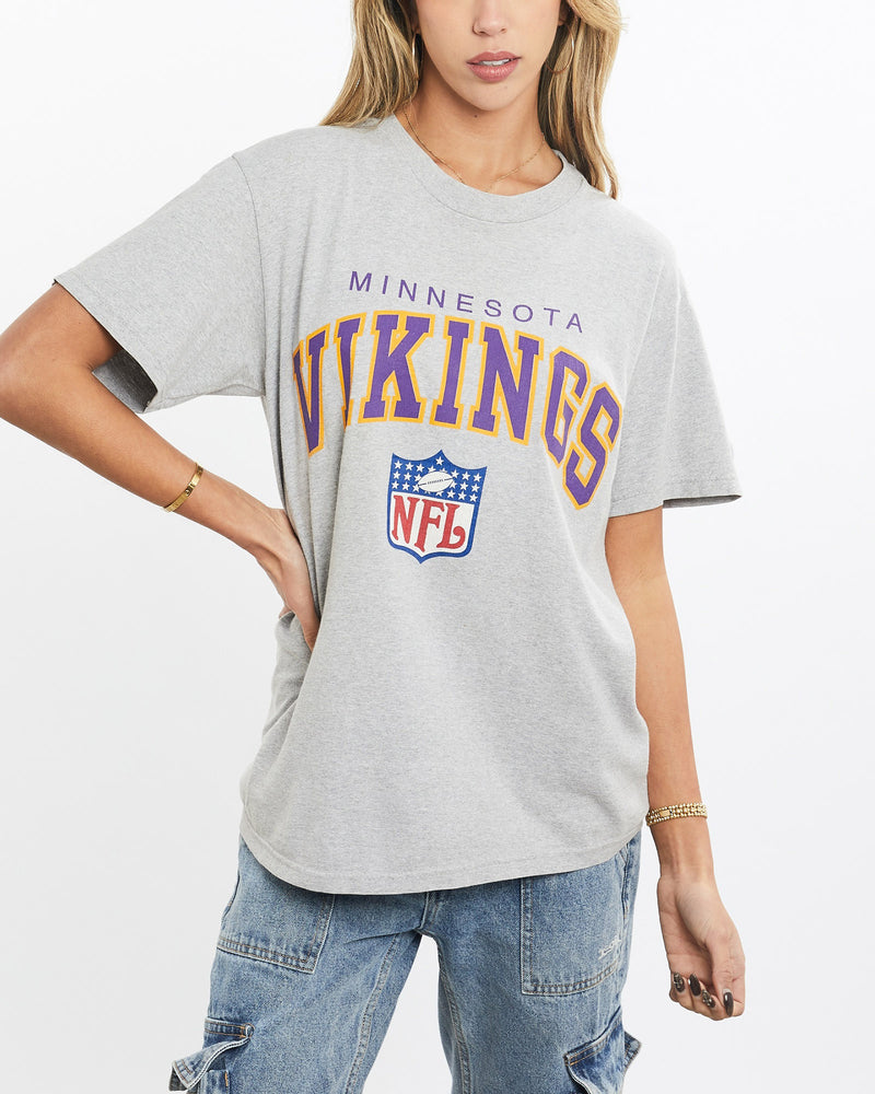 Vintage, 90s, Champion, NFL, Minnesota, Vikings, Tee, The Real Deal, size extra small, colour Grey, newtown, sydney, australia, thrift store, opshop, preloved, secondhand, sustainable, retro, antique, 70s, 80s, 90s, 2000s, 00s, fashion, clothing, streetwear, trendy, garment, style, boutique, store, shop, archive, sale, cheap, best, top, T-Shirts
