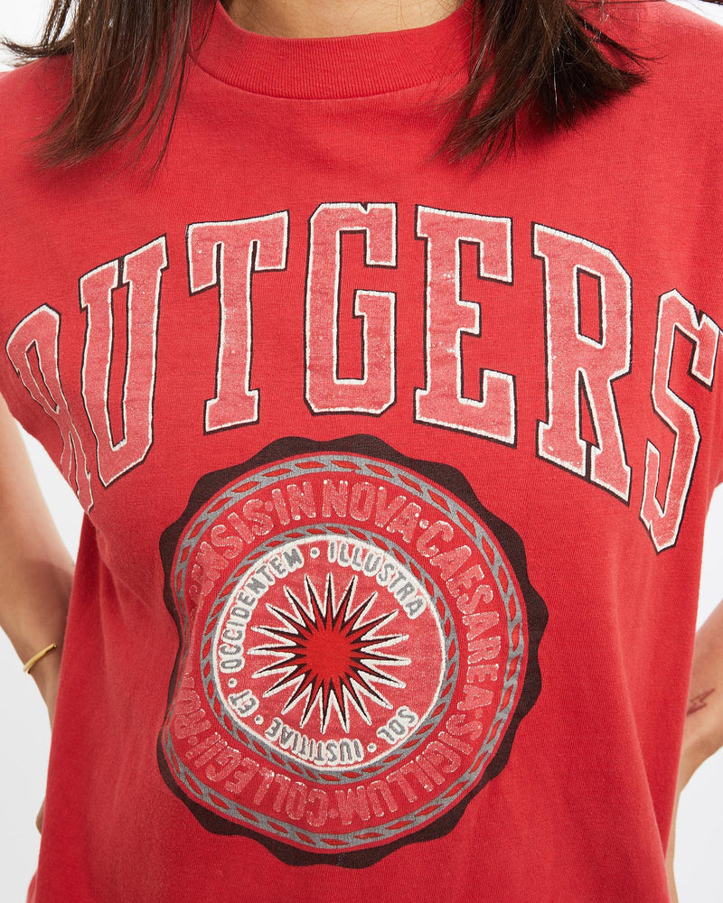 Vintage, 80s, NCAA, Rutgers, University, Tee, The Real Deal, size double extra small, colour Red, newtown, sydney, australia, thrift store, opshop, preloved, secondhand, sustainable, retro, antique, 70s, 80s, 90s, 2000s, 00s, fashion, clothing, streetwear, trendy, garment, style, boutique, store, shop, archive, sale, cheap, best, top, T-Shirts