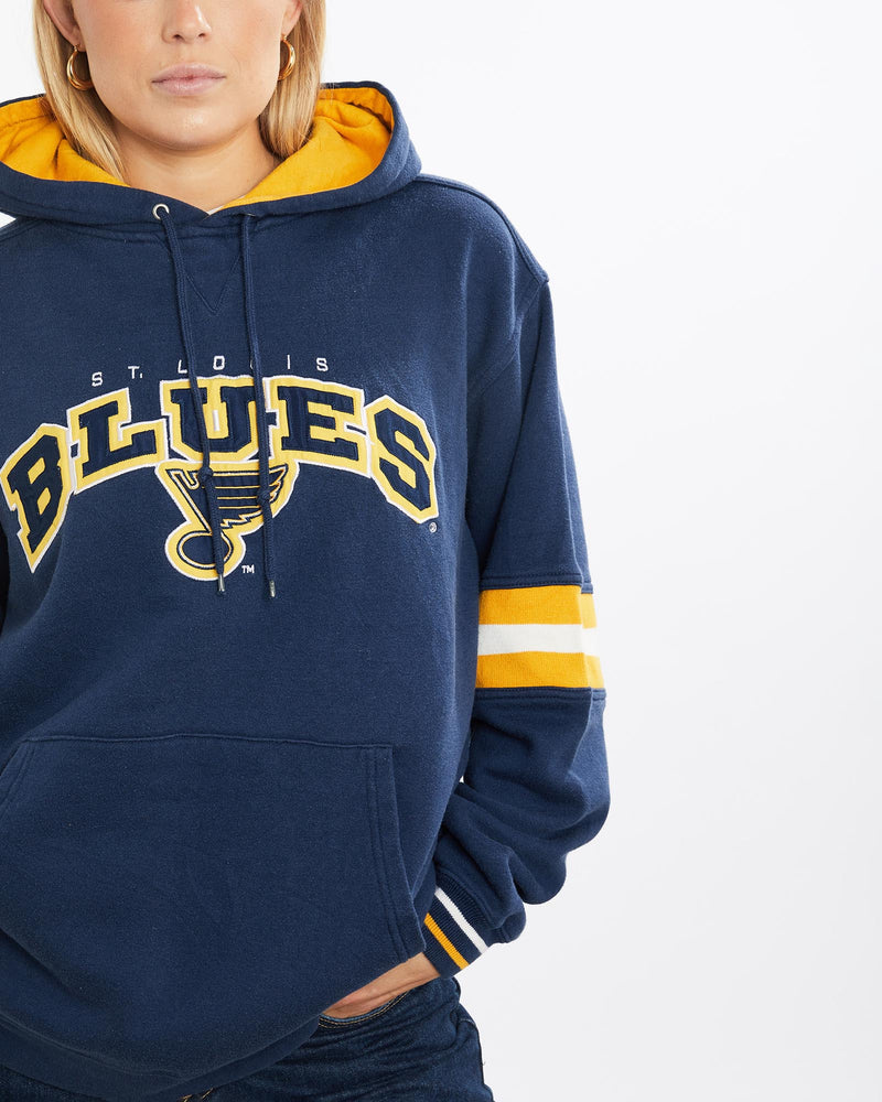Vintage, NHL, St., Louis, Blues, Hooded, Sweatshirt, The Real Deal, size medium, colour Navy, newtown, sydney, australia, thrift store, opshop, preloved, secondhand, sustainable, retro, antique, 70s, 80s, 90s, 2000s, 00s, fashion, clothing, streetwear, trendy, garment, style, boutique, store, shop, archive, sale, cheap, best, top, Sweats and hoodies