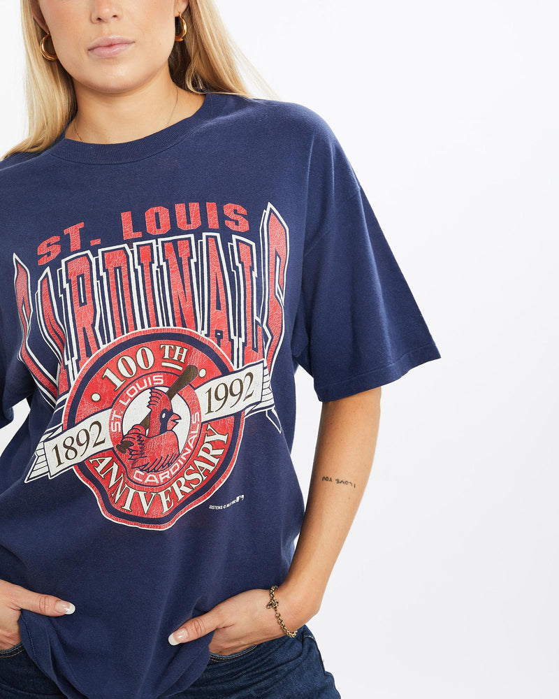Vintage, 1992, MLB, St., Louis, Cardinals, Tee, The Real Deal, size medium, colour Navy, newtown, sydney, australia, thrift store, opshop, preloved, secondhand, sustainable, retro, antique, 70s, 80s, 90s, 2000s, 00s, fashion, clothing, streetwear, trendy, garment, style, boutique, store, shop, archive, sale, cheap, best, top, T-Shirts