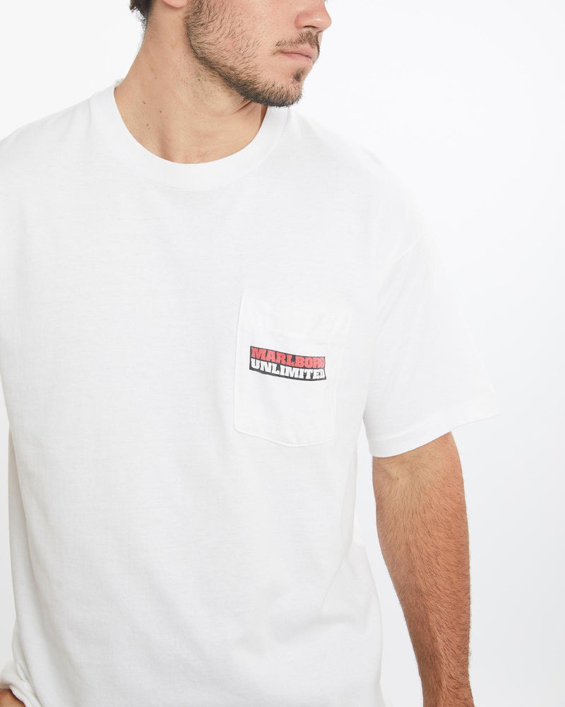 Vintage, 1995, Marlboro, Cigarettes, Tee, The Real Deal, size large, colour White, newtown, sydney, australia, thrift store, opshop, preloved, secondhand, sustainable, retro, antique, 70s, 80s, 90s, 2000s, 00s, fashion, clothing, streetwear, trendy, garment, style, boutique, store, shop, archive, sale, cheap, best, top, T-Shirts