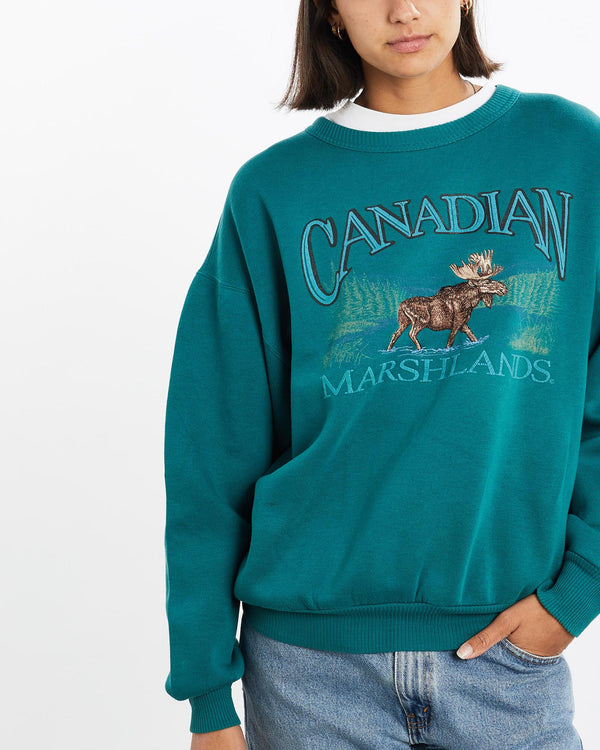 Vintage, 90s, Canadian, Marshlands, Moose, Wildlife, Sweatshirt, The Real Deal, size small, colour Blue, newtown, sydney, australia, thrift store, opshop, preloved, secondhand, sustainable, retro, antique, 70s, 80s, 90s, 2000s, 00s, fashion, clothing, streetwear, trendy, garment, style, boutique, store, shop, archive, sale, cheap, best, top, Sweats and hoodies