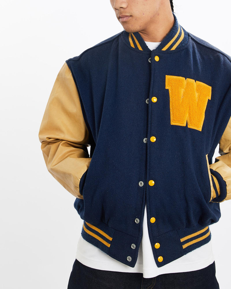 Vintage, 90s, Williston, State, College, Varsity, Jacket, The Real Deal, size large, colour Multicolour, newtown, sydney, australia, thrift store, opshop, preloved, secondhand, sustainable, retro, antique, 70s, 80s, 90s, 2000s, 00s, fashion, clothing, streetwear, trendy, garment, style, boutique, store, shop, archive, sale, cheap, best, top, Jackets