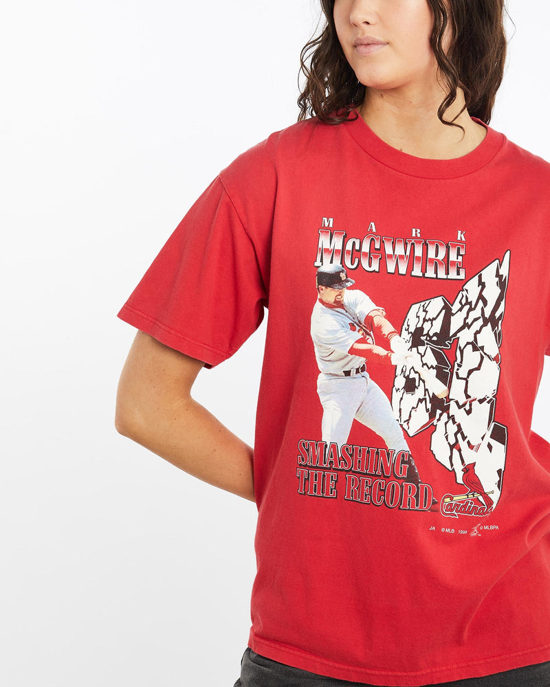 Vintage, 1998, Mark, Mcgwire, MLB, St., Louis, Cardinals, Tee, The Real Deal, size medium, colour Red, newtown, sydney, australia, thrift store, opshop, preloved, secondhand, sustainable, retro, antique, 70s, 80s, 90s, 2000s, 00s, fashion, clothing, streetwear, trendy, garment, style, boutique, store, shop, archive, sale, cheap, best, top, T-Shirts