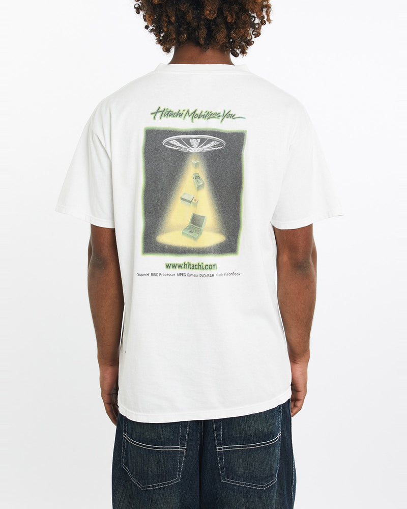 Vintage, Hitachi, Tech, Tee, The Real Deal, size large, colour White, newtown, sydney, australia, thrift store, opshop, preloved, secondhand, sustainable, retro, antique, 70s, 80s, 90s, 2000s, 00s, fashion, clothing, streetwear, trendy, garment, style, boutique, store, shop, archive, sale, cheap, best, top, T-Shirts