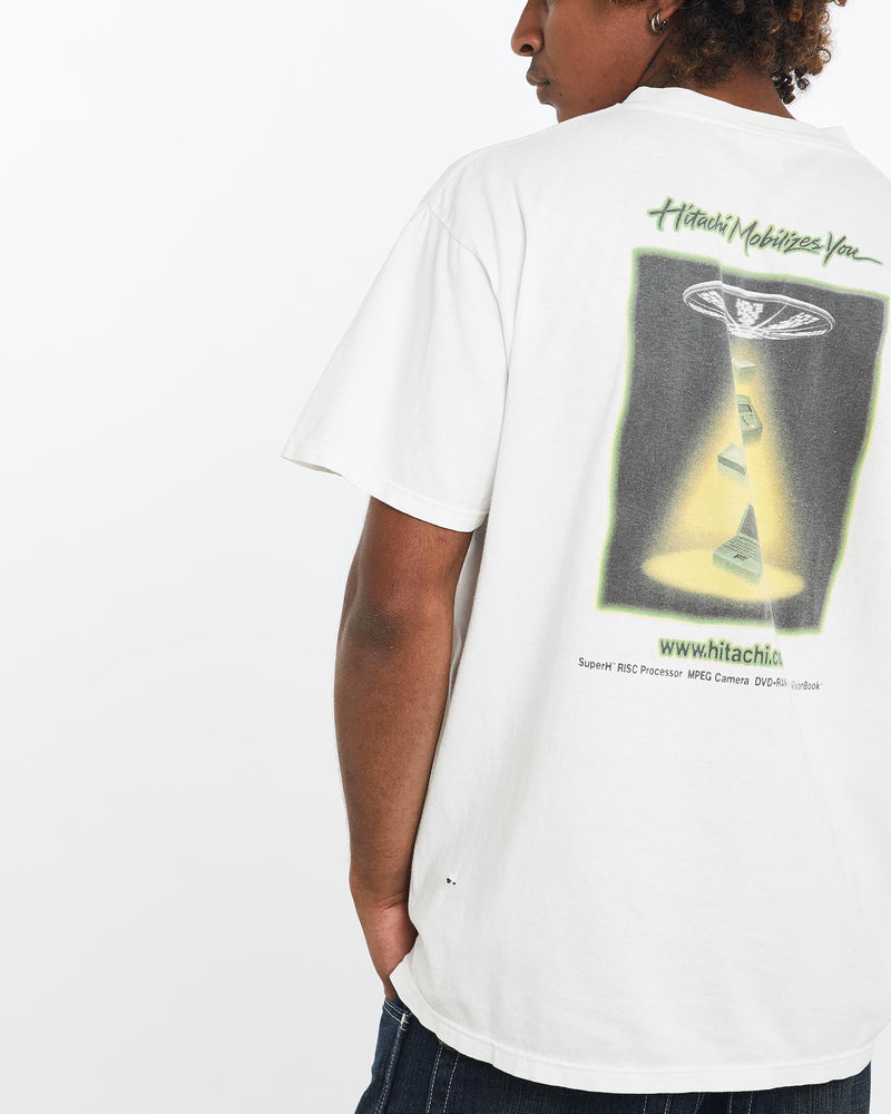 Vintage, Hitachi, Tech, Tee, The Real Deal, size large, colour White, newtown, sydney, australia, thrift store, opshop, preloved, secondhand, sustainable, retro, antique, 70s, 80s, 90s, 2000s, 00s, fashion, clothing, streetwear, trendy, garment, style, boutique, store, shop, archive, sale, cheap, best, top, T-Shirts