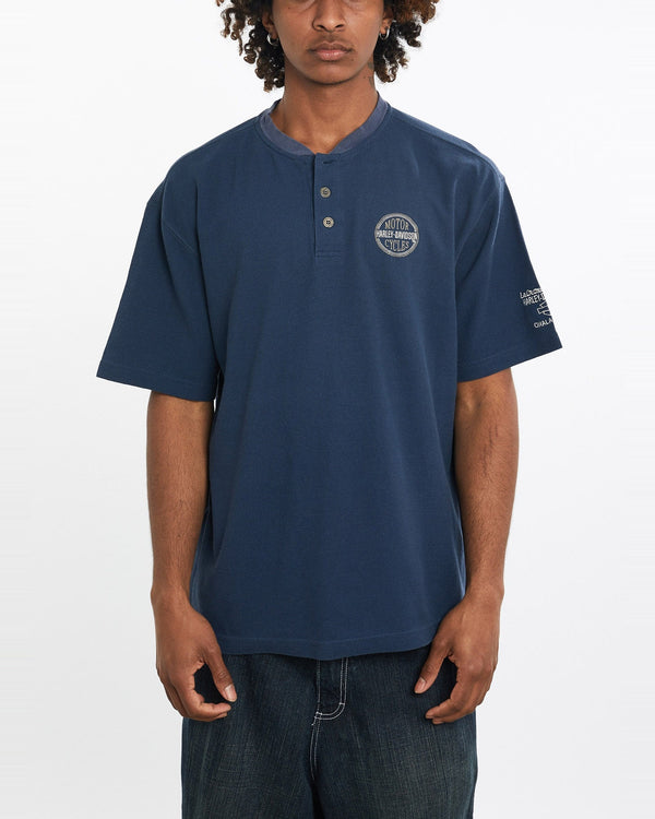 Vintage, Harley, Davidson, Henley, Tee, The Real Deal, size large, colour Blue, newtown, sydney, australia, thrift store, opshop, preloved, secondhand, sustainable, retro, antique, 70s, 80s, 90s, 2000s, 00s, fashion, clothing, streetwear, trendy, garment, style, boutique, store, shop, archive, sale, cheap, best, top, T-Shirts