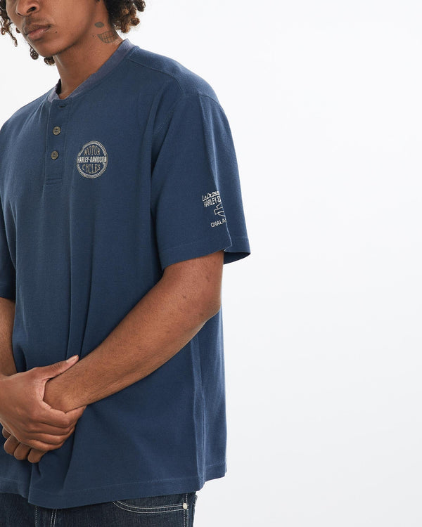 Vintage, Harley, Davidson, Henley, Tee, The Real Deal, size large, colour Blue, newtown, sydney, australia, thrift store, opshop, preloved, secondhand, sustainable, retro, antique, 70s, 80s, 90s, 2000s, 00s, fashion, clothing, streetwear, trendy, garment, style, boutique, store, shop, archive, sale, cheap, best, top, T-Shirts