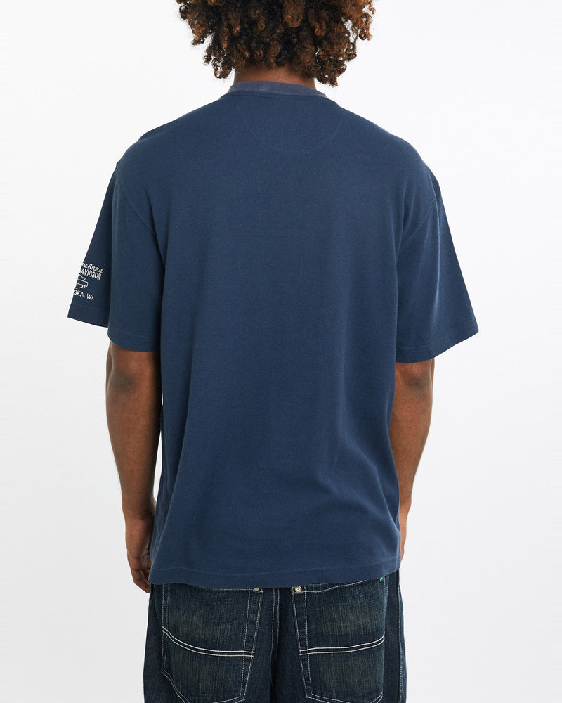 Vintage, Harley, Davidson, Henley, Tee, The Real Deal, size large, colour Blue, newtown, sydney, australia, thrift store, opshop, preloved, secondhand, sustainable, retro, antique, 70s, 80s, 90s, 2000s, 00s, fashion, clothing, streetwear, trendy, garment, style, boutique, store, shop, archive, sale, cheap, best, top, T-Shirts