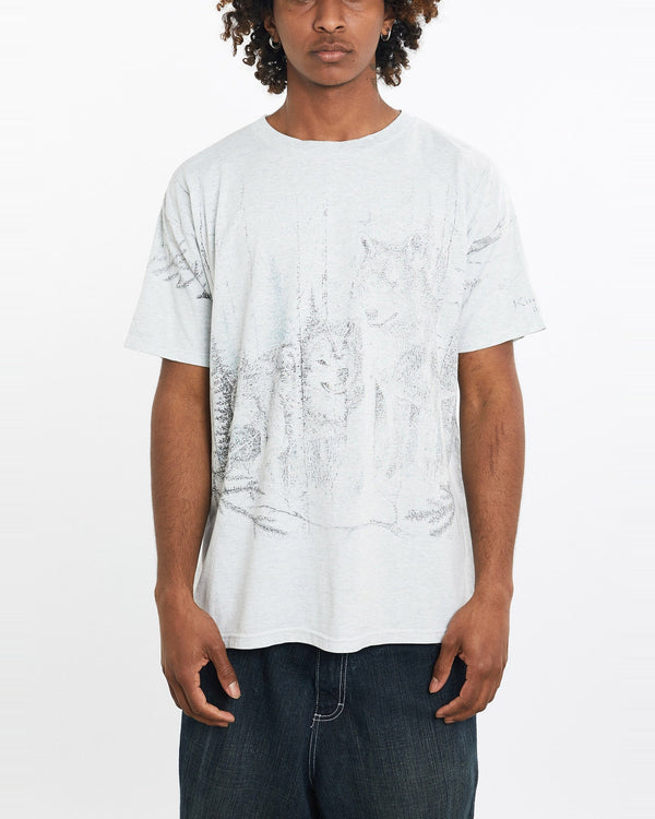 Vintage, Wolf, Wildlife, All, Over, Print, Tee, The Real Deal, size large, colour White, newtown, sydney, australia, thrift store, opshop, preloved, secondhand, sustainable, retro, antique, 70s, 80s, 90s, 2000s, 00s, fashion, clothing, streetwear, trendy, garment, style, boutique, store, shop, archive, sale, cheap, best, top, T-Shirts