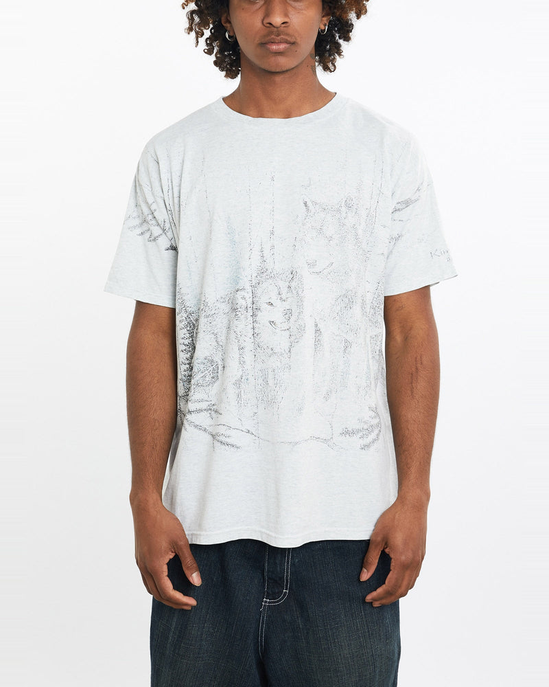 Vintage, Wolf, Wildlife, All, Over, Print, Tee, The Real Deal, size large, colour White, newtown, sydney, australia, thrift store, opshop, preloved, secondhand, sustainable, retro, antique, 70s, 80s, 90s, 2000s, 00s, fashion, clothing, streetwear, trendy, garment, style, boutique, store, shop, archive, sale, cheap, best, top, T-Shirts