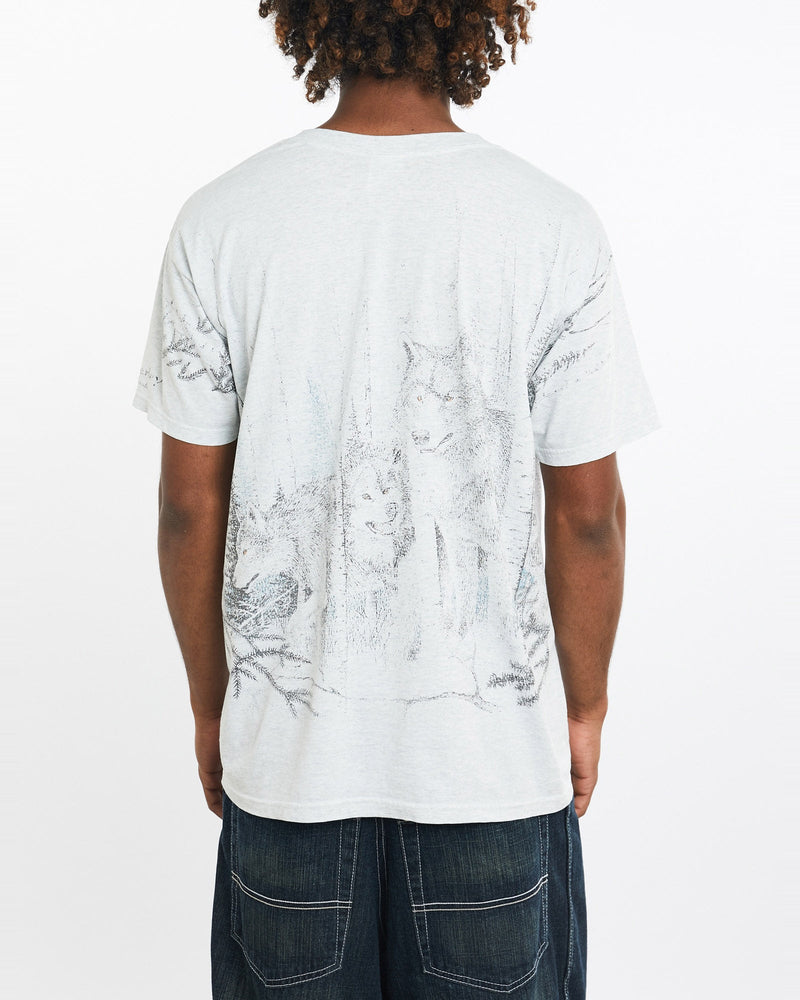 Vintage, Wolf, Wildlife, All, Over, Print, Tee, The Real Deal, size large, colour White, newtown, sydney, australia, thrift store, opshop, preloved, secondhand, sustainable, retro, antique, 70s, 80s, 90s, 2000s, 00s, fashion, clothing, streetwear, trendy, garment, style, boutique, store, shop, archive, sale, cheap, best, top, T-Shirts