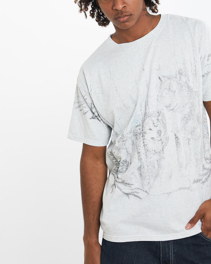 Vintage, Wolf, Wildlife, All, Over, Print, Tee, The Real Deal, size large, colour White, newtown, sydney, australia, thrift store, opshop, preloved, secondhand, sustainable, retro, antique, 70s, 80s, 90s, 2000s, 00s, fashion, clothing, streetwear, trendy, garment, style, boutique, store, shop, archive, sale, cheap, best, top, T-Shirts