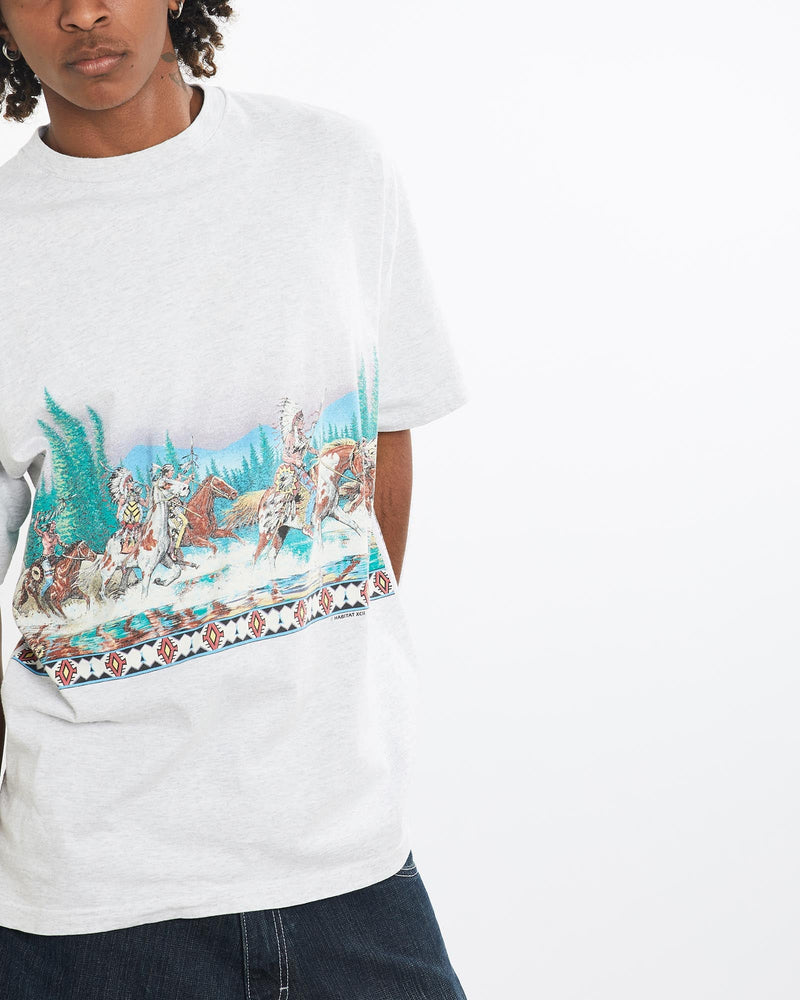 Vintage, 90s, Native, American, Tee, The Real Deal, size large, colour Grey, newtown, sydney, australia, thrift store, opshop, preloved, secondhand, sustainable, retro, antique, 70s, 80s, 90s, 2000s, 00s, fashion, clothing, streetwear, trendy, garment, style, boutique, store, shop, archive, sale, cheap, best, top, T-Shirts