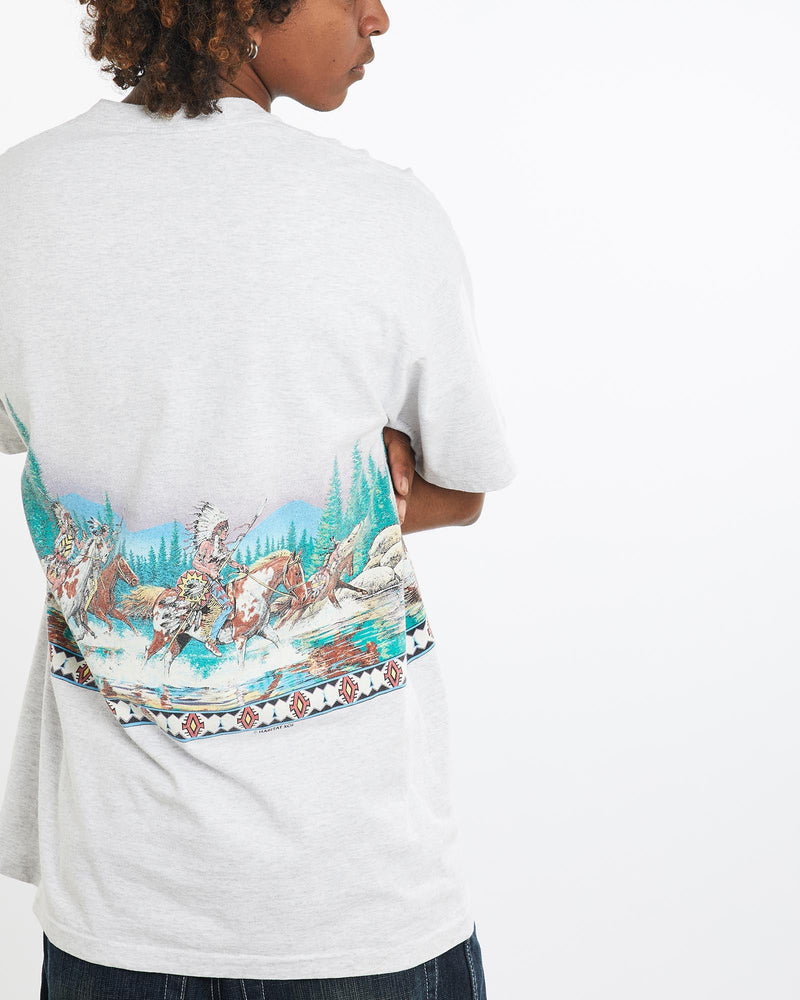 Vintage, 90s, Native, American, Tee, The Real Deal, size large, colour Grey, newtown, sydney, australia, thrift store, opshop, preloved, secondhand, sustainable, retro, antique, 70s, 80s, 90s, 2000s, 00s, fashion, clothing, streetwear, trendy, garment, style, boutique, store, shop, archive, sale, cheap, best, top, T-Shirts